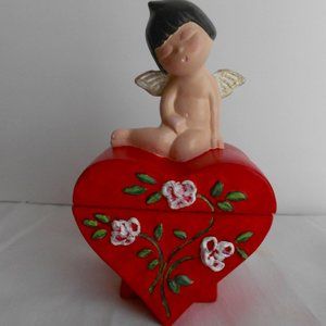 Angel Cherub Red Heart Handmade Crafted Ceramic Trinket Box
